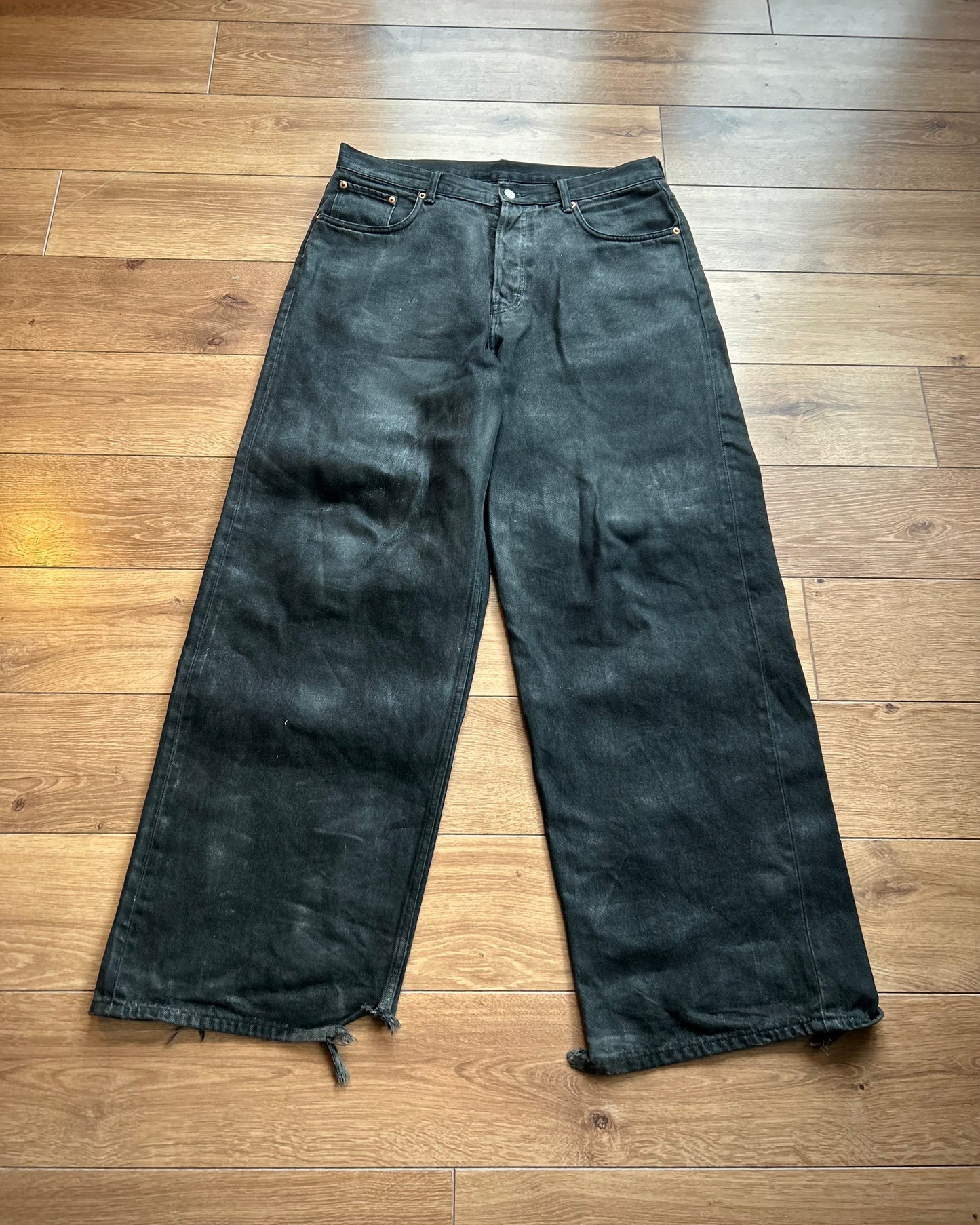 ridelucci super wide leg black waxed denim. 100% cotton.