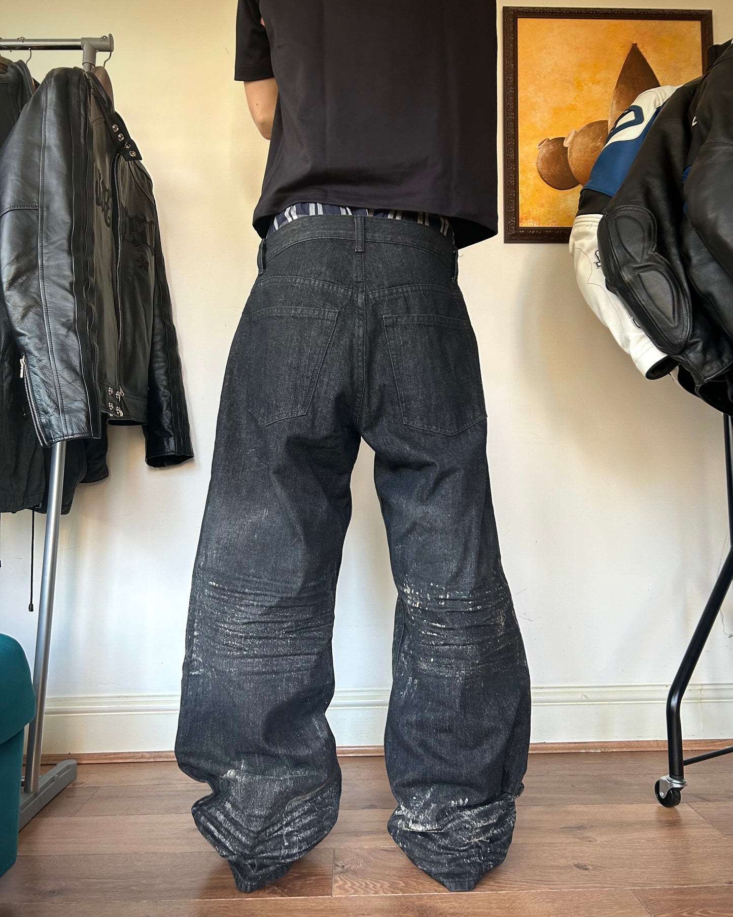 ridelucci wide leg ‘sand’ waxed denim jeans.