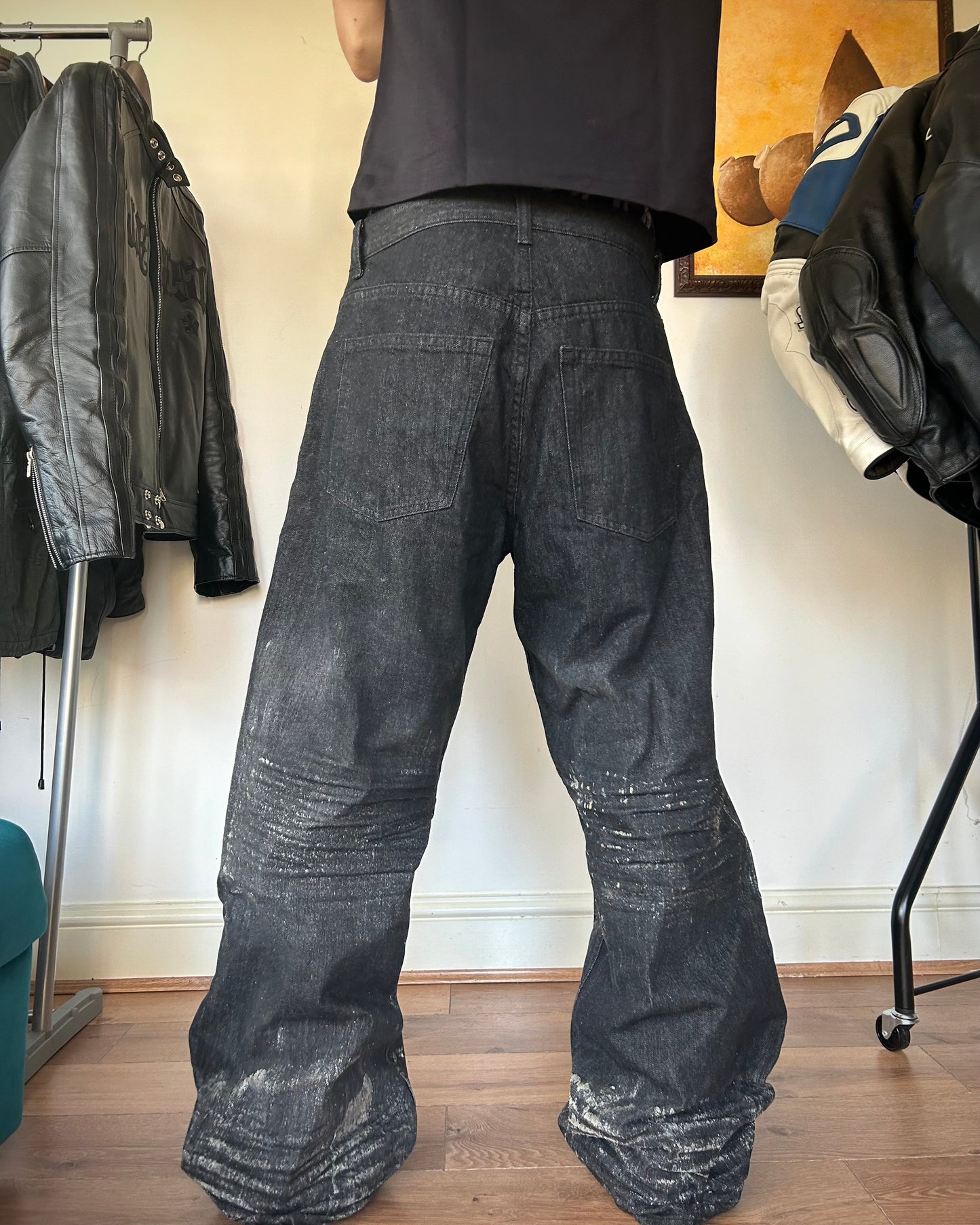 ridelucci wide leg ‘sand’ waxed denim jeans.