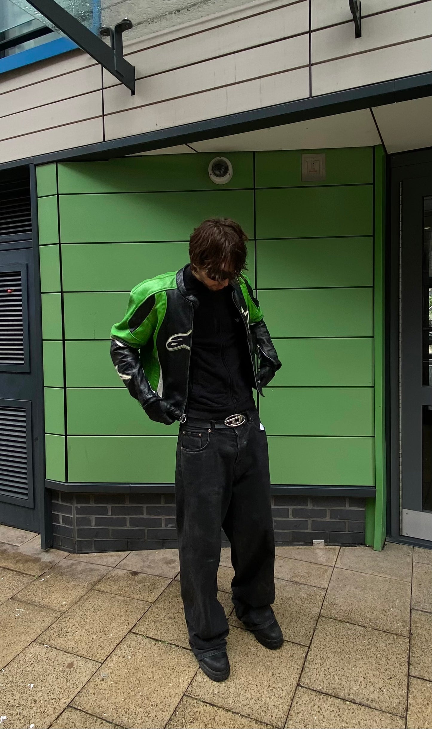 (rare) alpinestars green and black leather biker jacket (L).