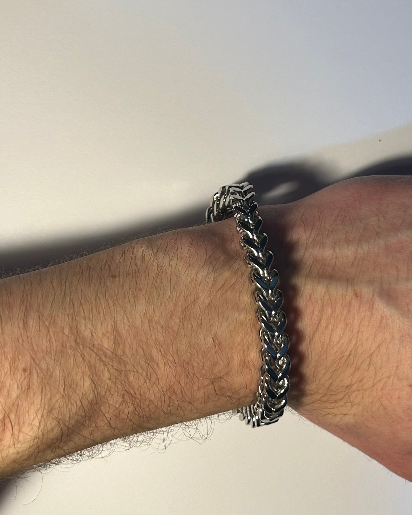 Heavy Stainless Steel Square Wheat-Link Curb Bracelet.