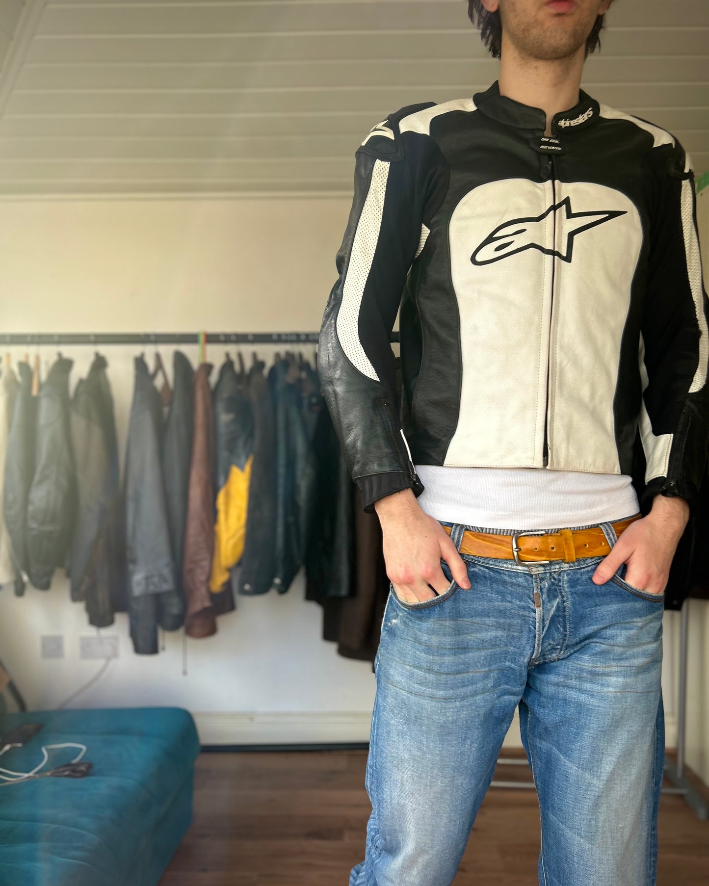 alpinestars white & black padded leather biker jacket (M).