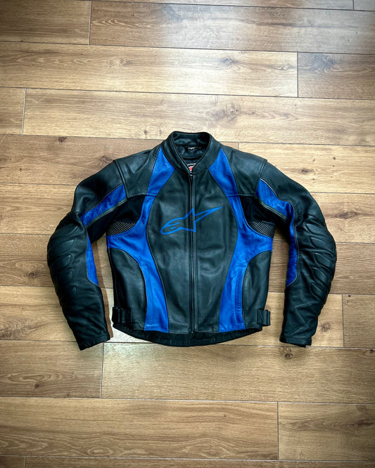 alpinestars black & blue padded leather biker jacket (M).