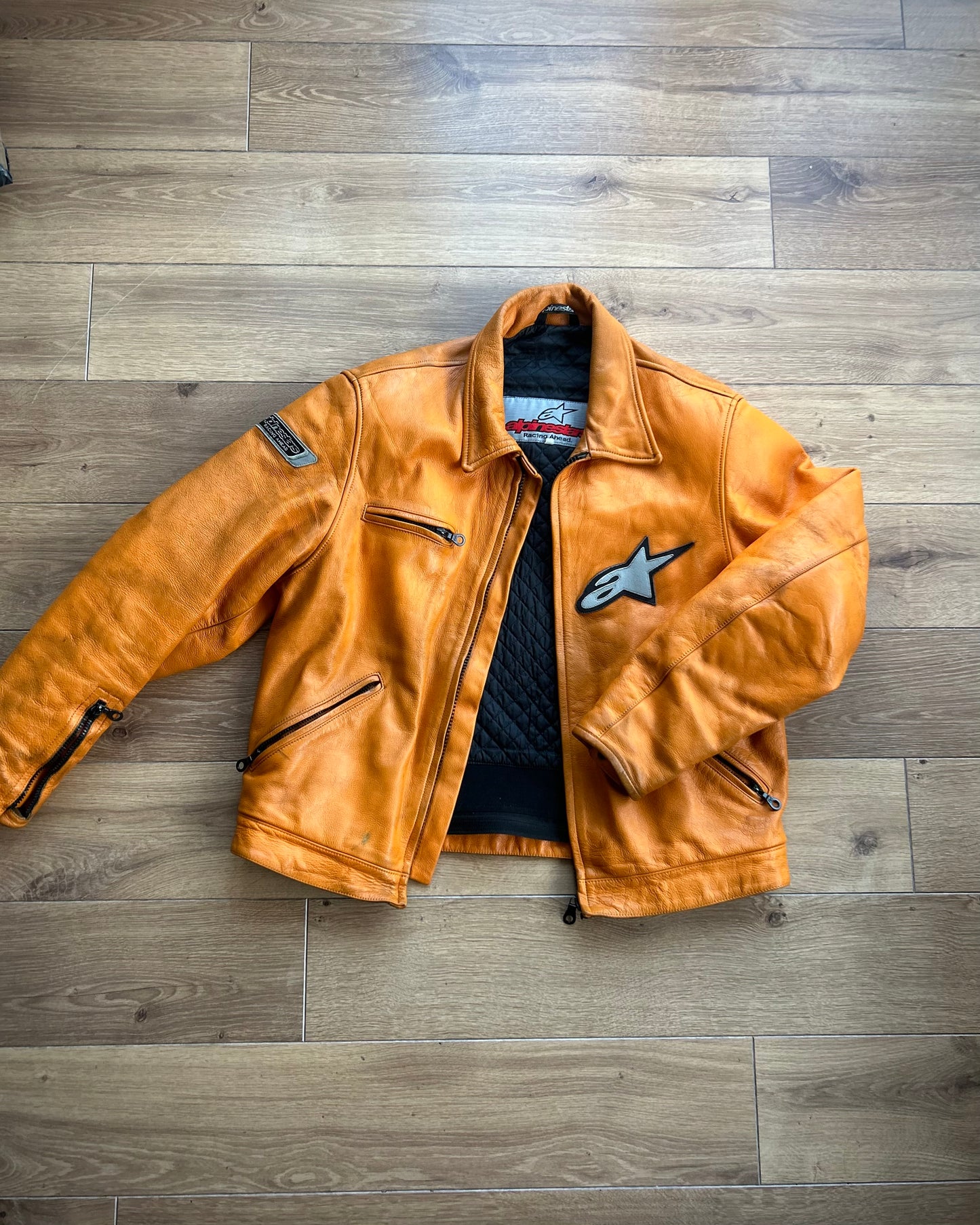 (90’s) alpinestars orange leather biker jacket (L).
