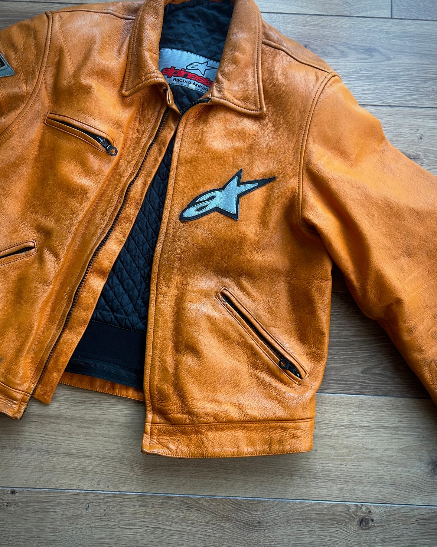 (90’s) alpinestars orange leather biker jacket (L).