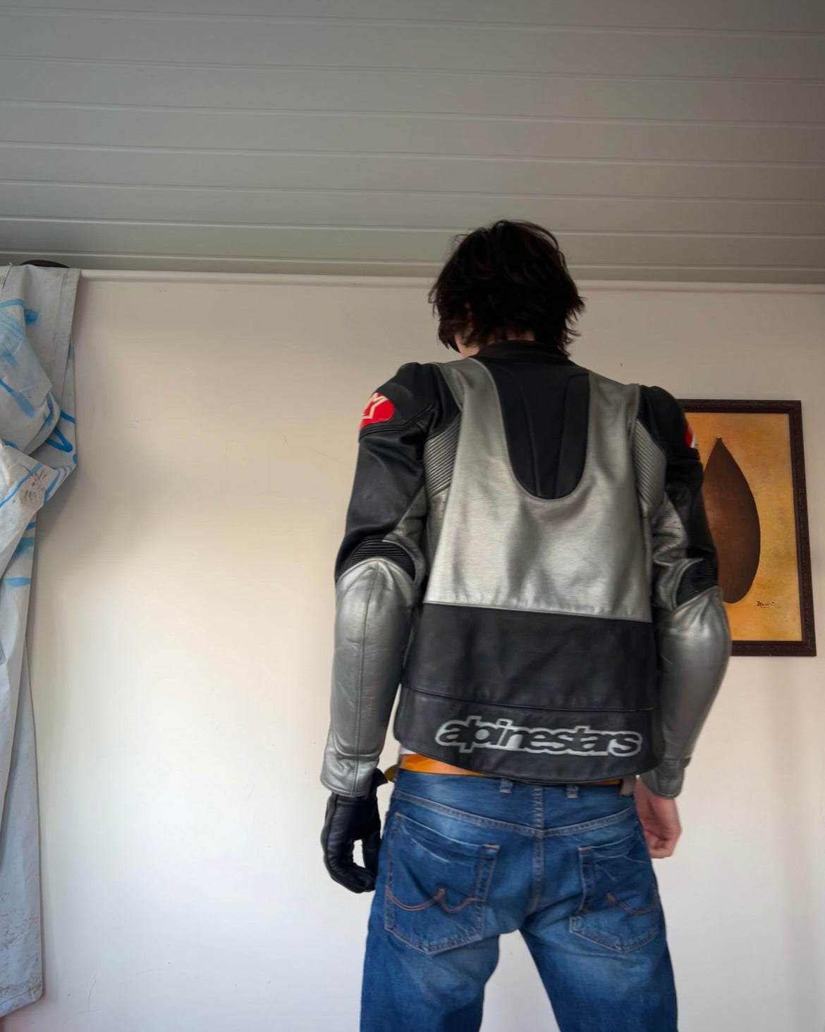 alpinestars black, silver, red leather biker jacket (M).