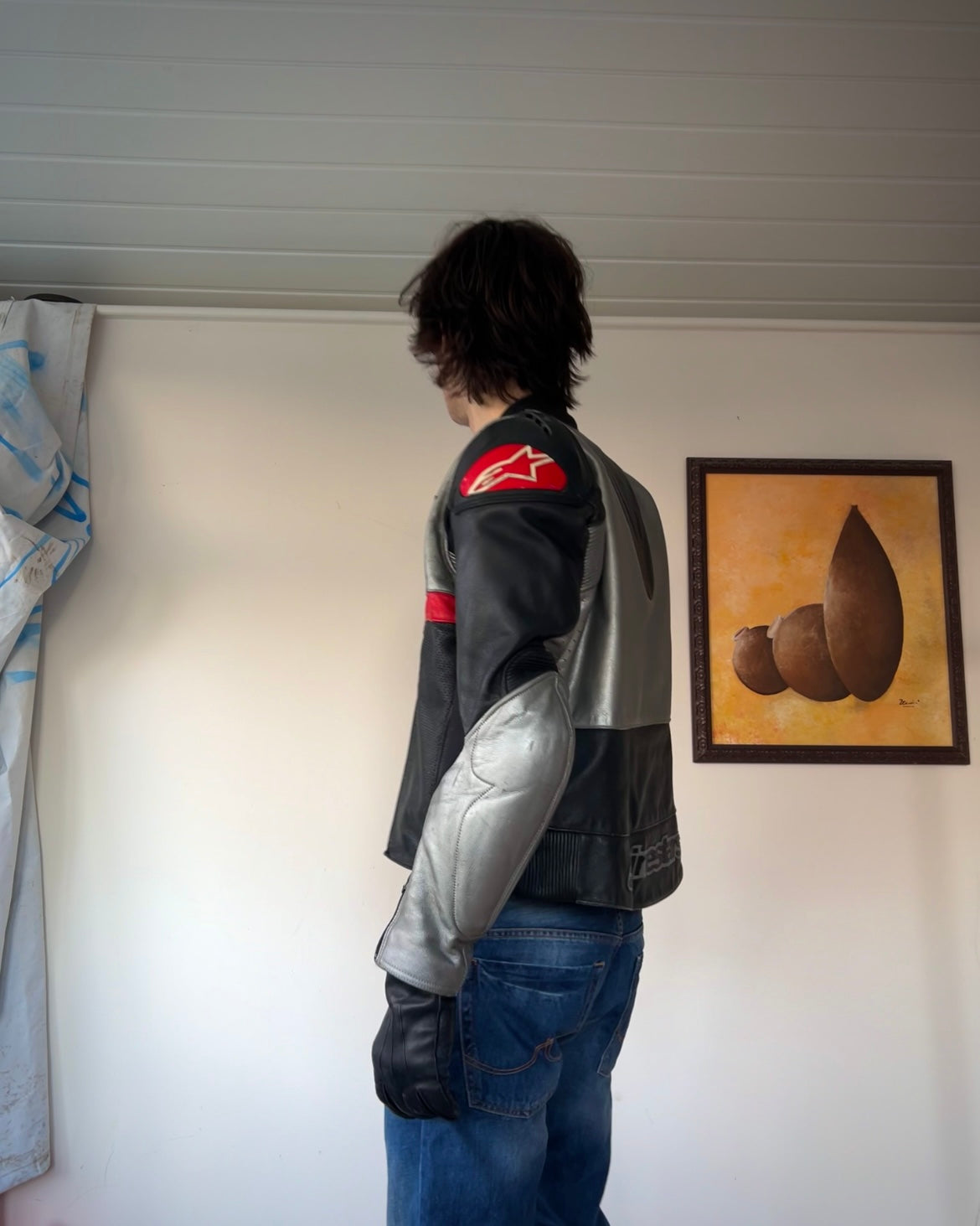 alpinestars black, silver, red leather biker jacket (M).