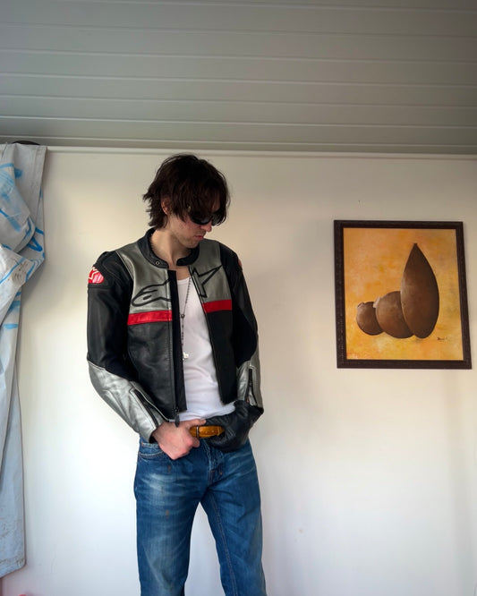 alpinestars black, silver, red leather biker jacket (M).